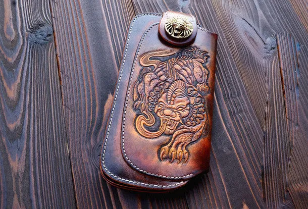 Handmade dark brown vintage leather biker wallet  bifold long wallet purse clutch for men