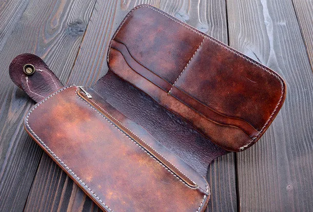 Handmade dark brown vintage leather biker wallet  bifold long wallet purse clutch for men