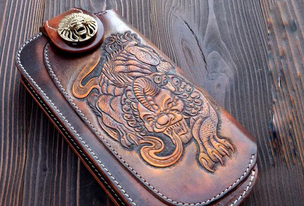 Handmade dark brown vintage leather biker wallet  bifold long wallet purse clutch for men