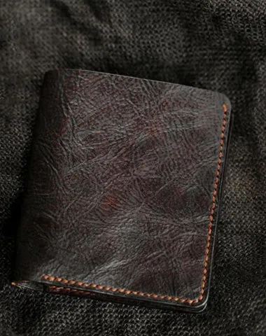 Handmade Dark Coffee Leather Mens Vertical Small Wallet Cool billfold Wallet Bifold Slim Wallet For Men