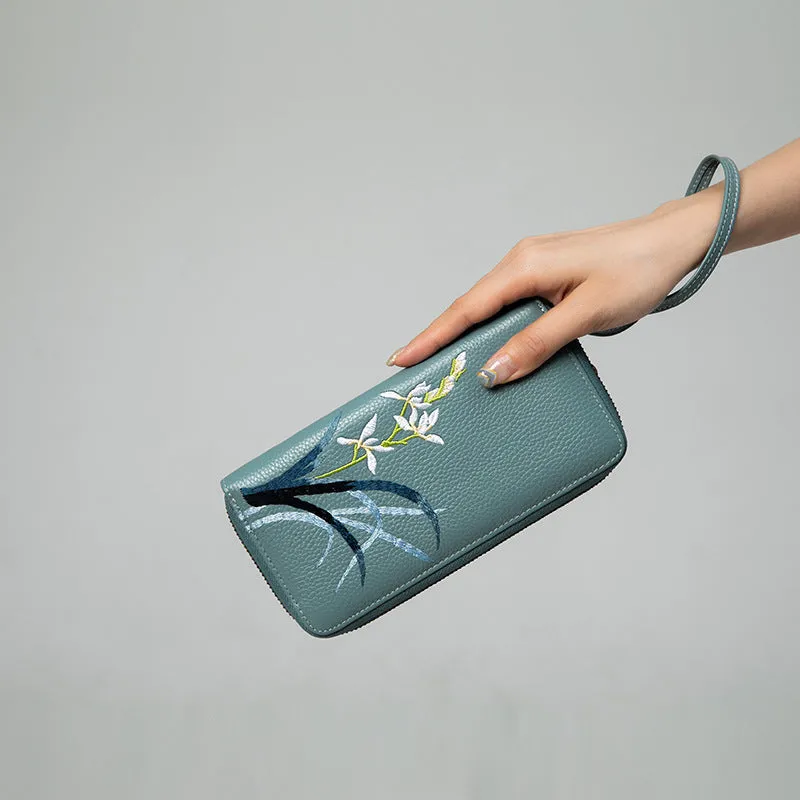 Handmade Embroidery Blue Leather Orchids Wristlet Wallet Womens Zip Around Wallets Flowers Orchids Ladies Zipper Clutch Wallet for Women