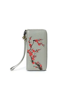 Handmade Embroidery Gray Leather Wristlet Wallet Womens Zip Around Wallets Flowers Plum Blossom Ladies Zipper Clutch Wallet for Women