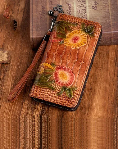 Handmade Floral Black Leather Wristlet Wallet Crocodile Pattern Womens Zip Around Wallets Flowers Ladies Zipper Clutch Wallet for Women