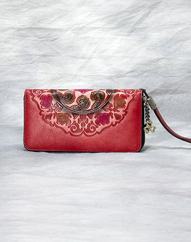 Handmade Floral Brown Leather Wristlet Wallet Womens Zip Around Wallets Floral Cards Ladies Zipper Clutch Wallet for Women