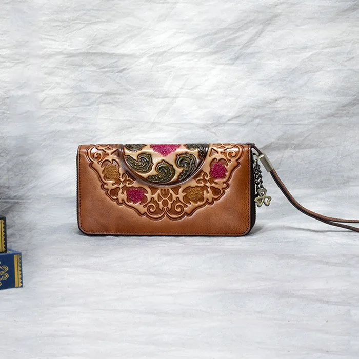 Handmade Floral Brown Leather Wristlet Wallet Womens Zip Around Wallets Floral Cards Ladies Zipper Clutch Wallet for Women