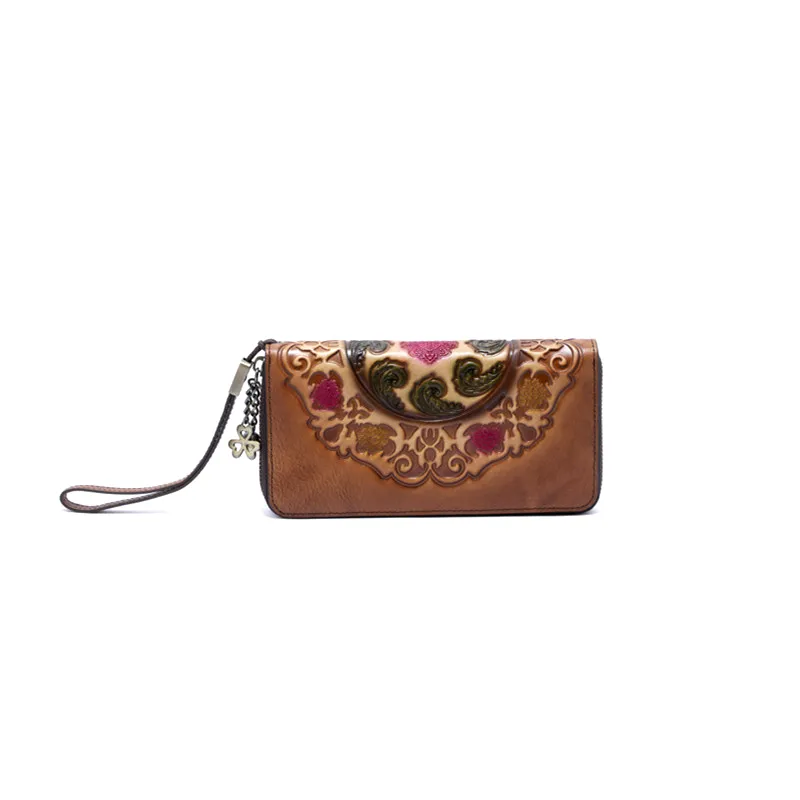 Handmade Floral Brown Leather Wristlet Wallet Womens Zip Around Wallets Floral Cards Ladies Zipper Clutch Wallet for Women