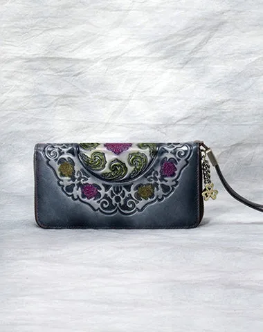 Handmade Floral Brown Leather Wristlet Wallet Womens Zip Around Wallets Floral Cards Ladies Zipper Clutch Wallet for Women