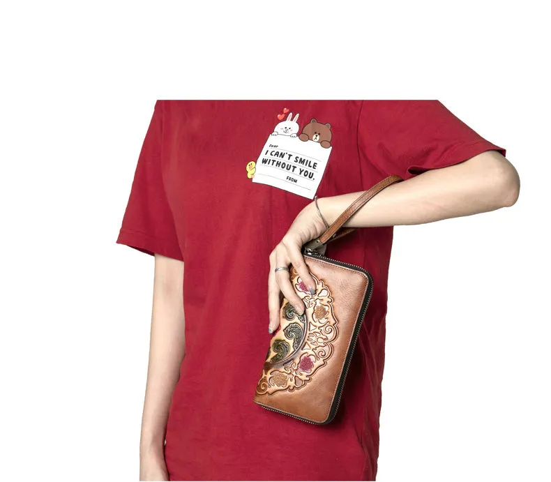 Handmade Floral Brown Leather Wristlet Wallet Womens Zip Around Wallets Floral Cards Ladies Zipper Clutch Wallet for Women