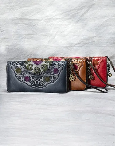Handmade Floral Leather Wristlet Wallet Womens Zip Around Wallets Floral Cards Ladies Zipper Clutch Wallet for Women