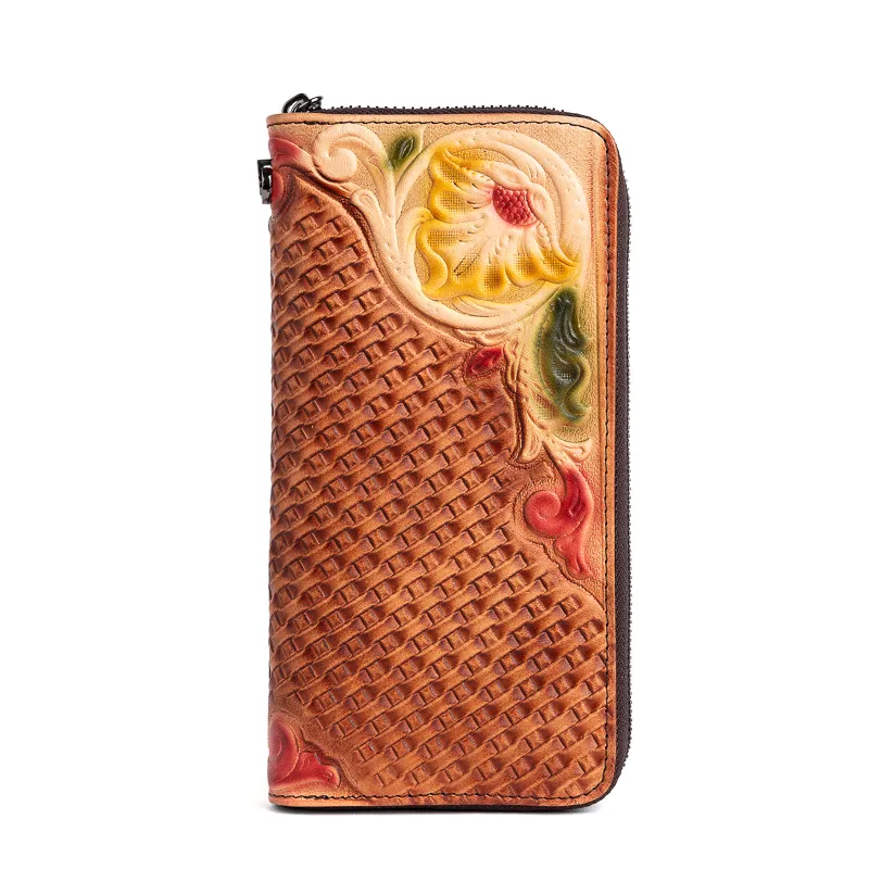 Handmade Flowers Coffee Leather Wristlet Wallet Womens Floral Zip Around Wallets Flowers Ladies Zipper Clutch Wallet for Women
