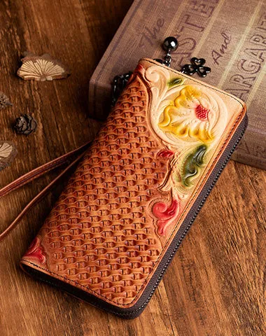 Handmade Flowers Coffee Leather Wristlet Wallet Womens Floral Zip Around Wallets Flowers Ladies Zipper Clutch Wallet for Women