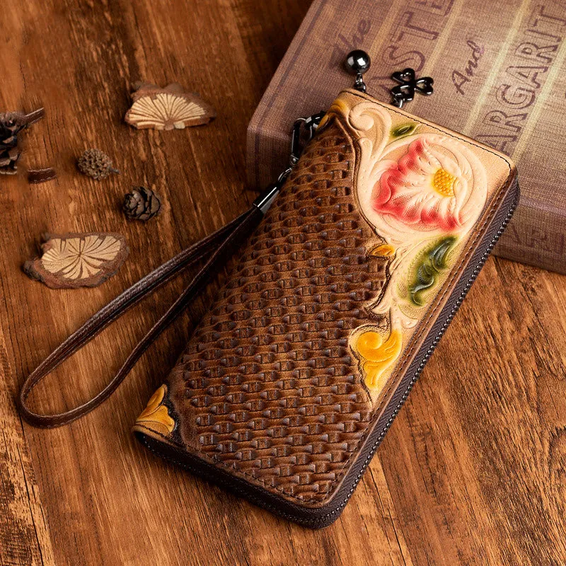 Handmade Flowers Coffee Leather Wristlet Wallet Womens Floral Zip Around Wallets Flowers Ladies Zipper Clutch Wallet for Women