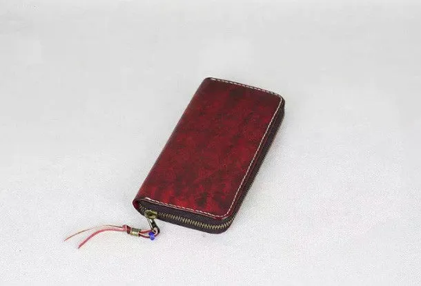 Handmade Genuine leather bifold clutch purse long wallet Zipper purse clutch women