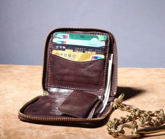 Handmade Genuine Leather Mens Chain Biker Wallet Cool Zipper Leather Wallet Bifold billfold Wallets