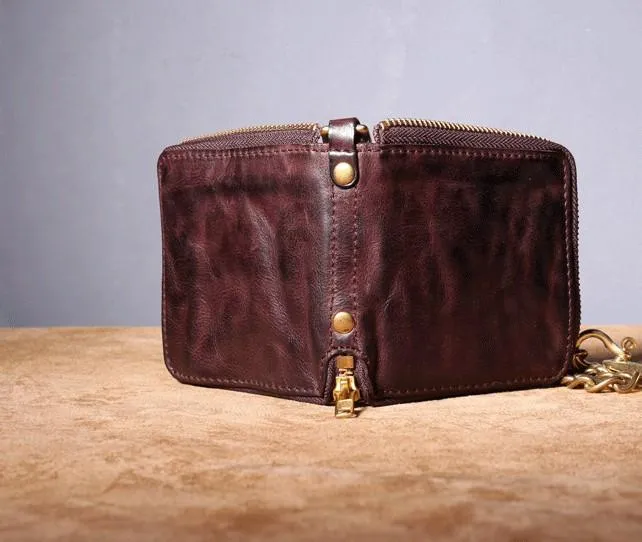 Handmade Genuine Leather Mens Chain Biker Wallet Cool Zipper Leather Wallet Bifold billfold Wallets