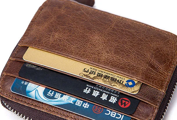 Handmade Genuine Leather Slim Zip Cards Wallet billfold Wallet Coin Purse Bag For Mens