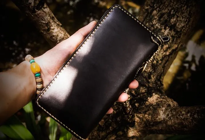 Handmade Leather Acalanatha Mens Tooled Chain Biker Wallet Cool Leather Wallet Long Clutch Wallets for Men