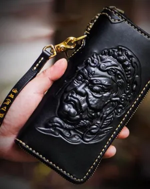 Handmade Leather Acalanatha Mens Tooled Chain Biker Wallet Cool Leather Wallet Long Clutch Wallets for Men