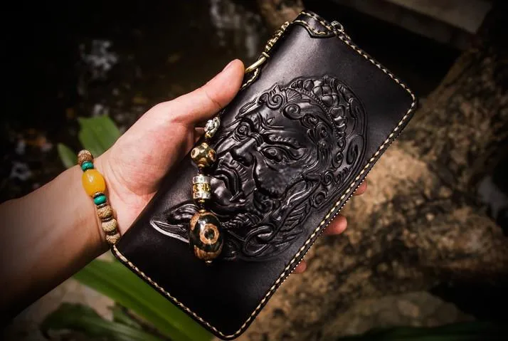 Handmade Leather Acalanatha Mens Tooled Chain Biker Wallet Cool Leather Wallet Long Clutch Wallets for Men