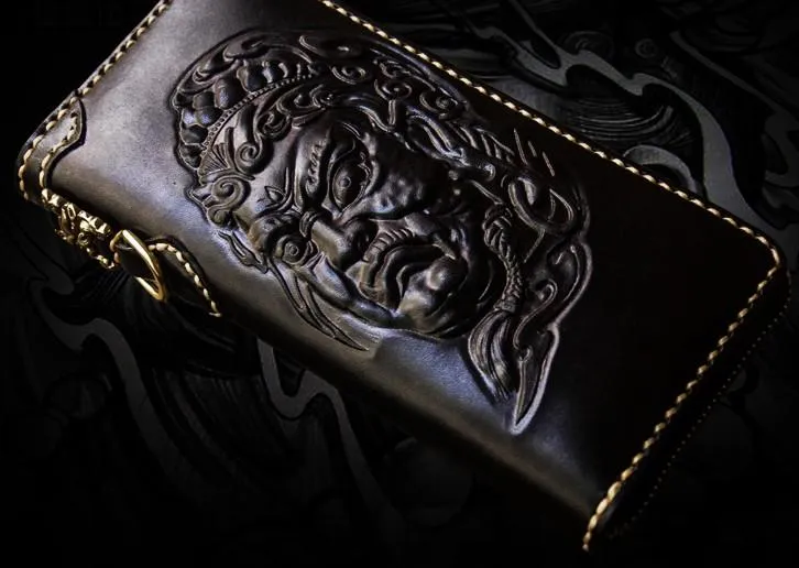 Handmade Leather Acalanatha Mens Tooled Chain Biker Wallet Cool Leather Wallet Long Clutch Wallets for Men