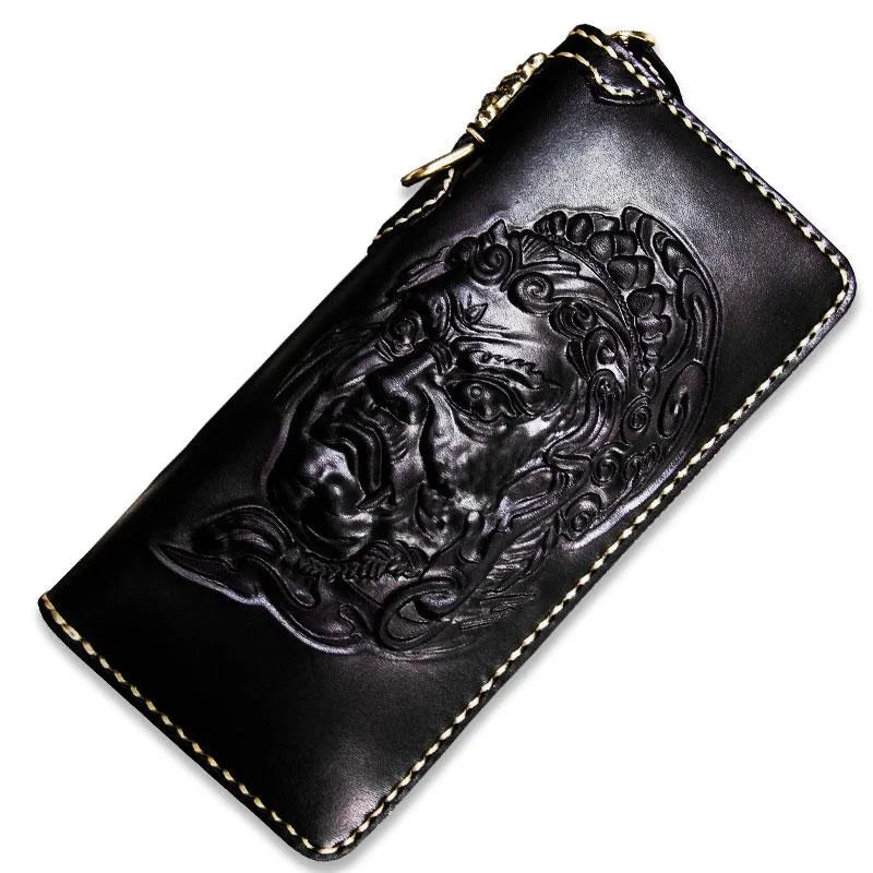 Handmade Leather Acalanatha Mens Tooled Chain Biker Wallet Cool Leather Wallet Long Clutch Wallets for Men