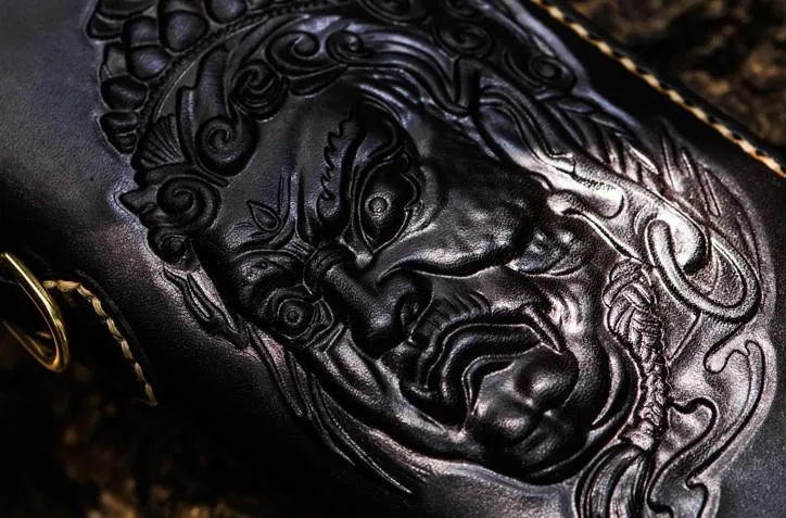 Handmade Leather Acalanatha Mens Tooled Chain Biker Wallet Cool Leather Wallet Long Clutch Wallets for Men