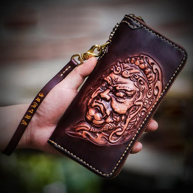 Handmade Leather Acalanatha Mens Tooled Chain Biker Wallet Cool Leather Wallet Long Clutch Wallets for Men