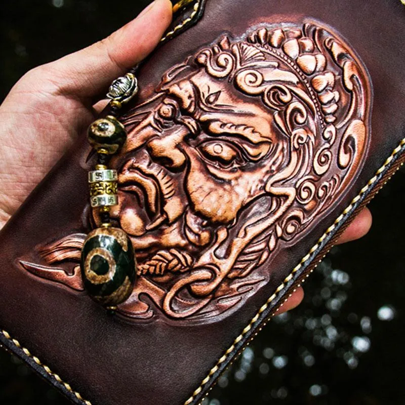 Handmade Leather Acalanatha Mens Tooled Chain Biker Wallet Cool Leather Wallet Long Clutch Wallets for Men