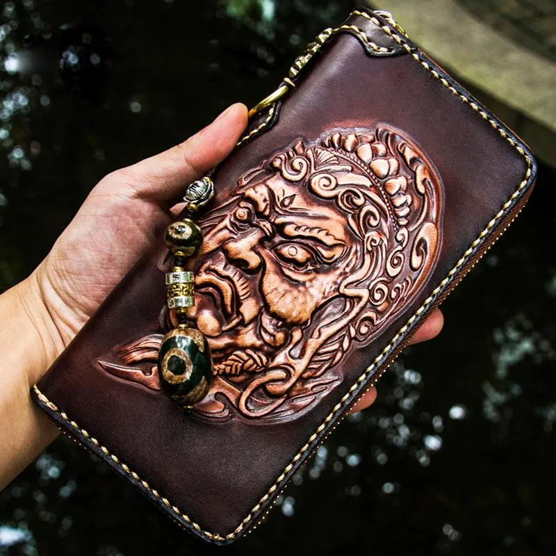 Handmade Leather Acalanatha Mens Tooled Chain Biker Wallet Cool Leather Wallet Long Clutch Wallets for Men