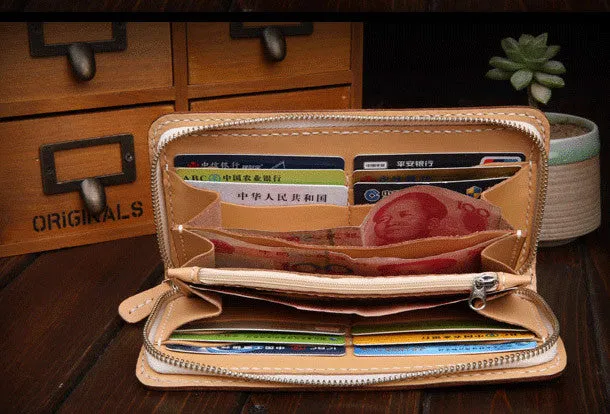 Handmade leather Beijing opera makeup general wallet leather zip men Long Clutch Tooled wallet