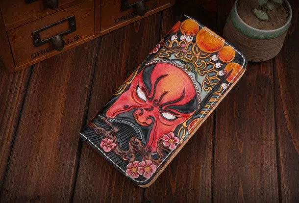 Handmade leather Beijing opera makeup general wallet leather zip men Long Clutch Tooled wallet