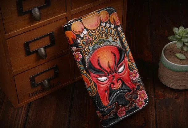 Handmade leather Beijing opera makeup general wallet leather zip men Long Clutch Tooled wallet