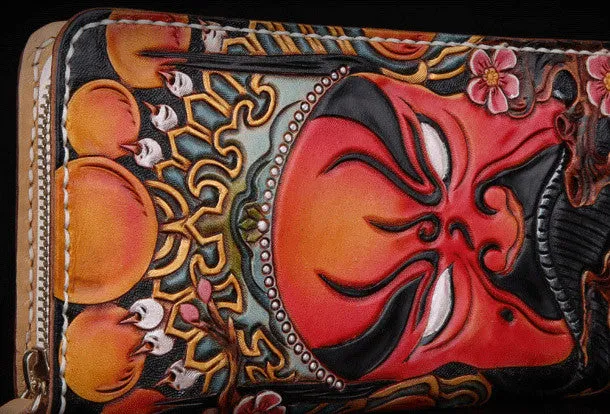 Handmade leather Beijing opera makeup general wallet leather zip men Long Clutch Tooled wallet