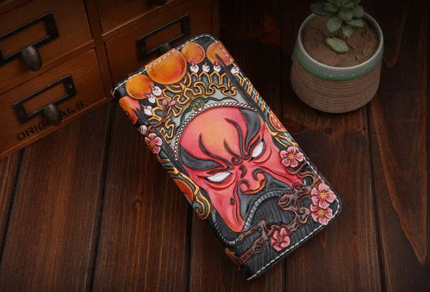 Handmade leather Beijing opera makeup general wallet leather zip men Long Clutch Tooled wallet