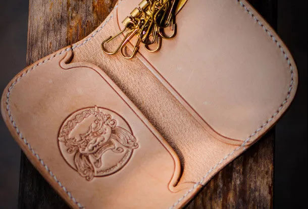 Handmade leather biker trucker key wallet black billfold beige leather chain men wallet