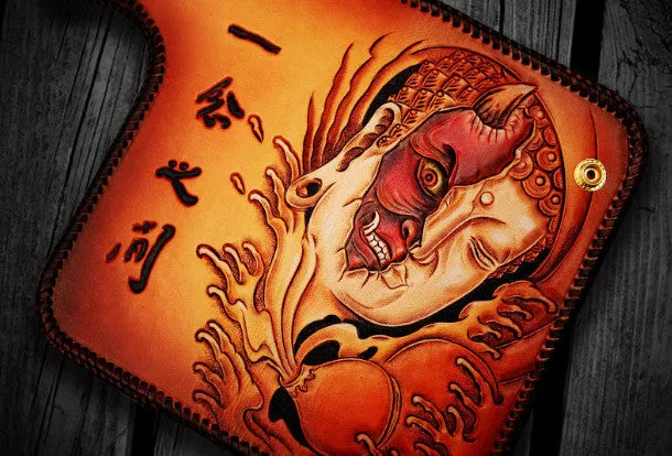 Handmade leather biker trucker wallet black Buddha leather chain men Carved Tooled wallet