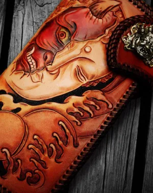 Handmade leather biker trucker wallet black Buddha leather chain men Carved Tooled wallet