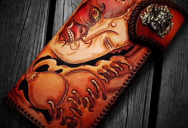 Handmade leather biker trucker wallet black Buddha leather chain men Carved Tooled wallet