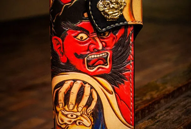 Handmade leather biker trucker wallet black Heavenly Ghost Catcher chain men Tooled wallet