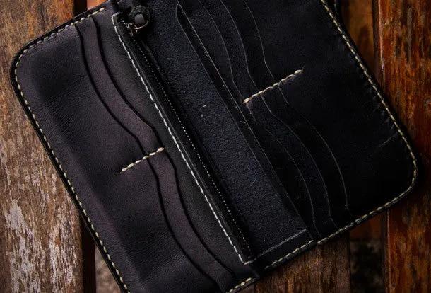 Handmade leather biker trucker wallet black Heavenly Ghost Catcher chain men Tooled wallet