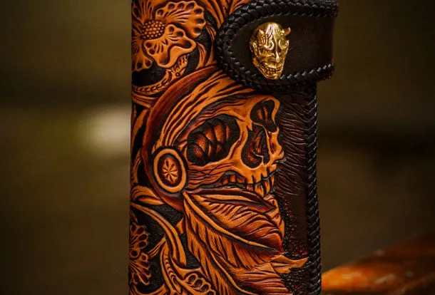 Handmade leather biker trucker wallet black skull leather chain men Tooled wallet