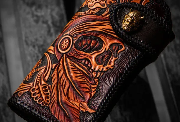Handmade leather biker trucker wallet black skull leather chain men Tooled wallet