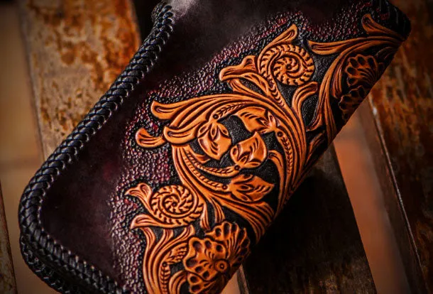 Handmade leather biker trucker wallet black skull leather chain men Tooled wallet