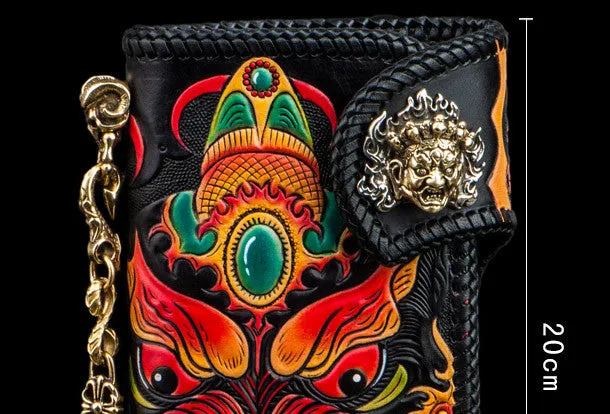 Handmade leather biker trucker wallet monster leather chain men Black Carved Tooled wallet