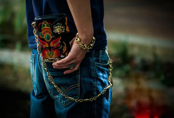 Handmade leather biker trucker wallet monster leather chain men Black Carved Tooled wallet