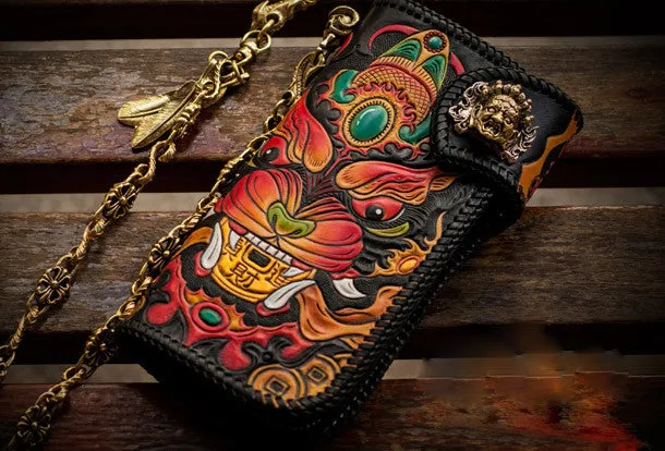Handmade leather biker trucker wallet monster leather chain men Black Carved Tooled wallet
