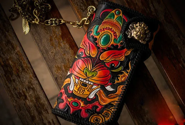 Handmade leather biker trucker wallet monster leather chain men Black Carved Tooled wallet