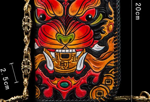 Handmade leather biker trucker wallet monster leather chain men Black Carved Tooled wallet
