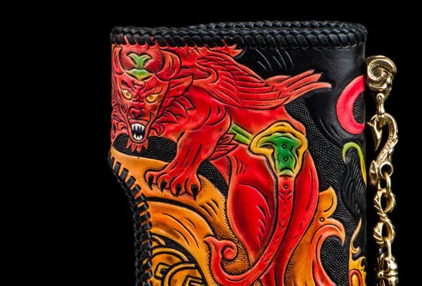 Handmade leather biker trucker wallet monster leather chain men Black Carved Tooled wallet