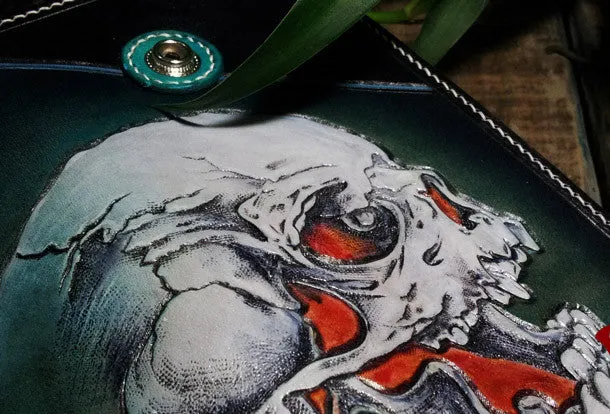 Handmade leather Biker wallet chain wallet long skull wallet leather mens Tooled wallet